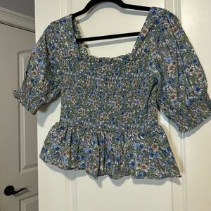 Mango Floral Peplum Blouse - Green and Blue